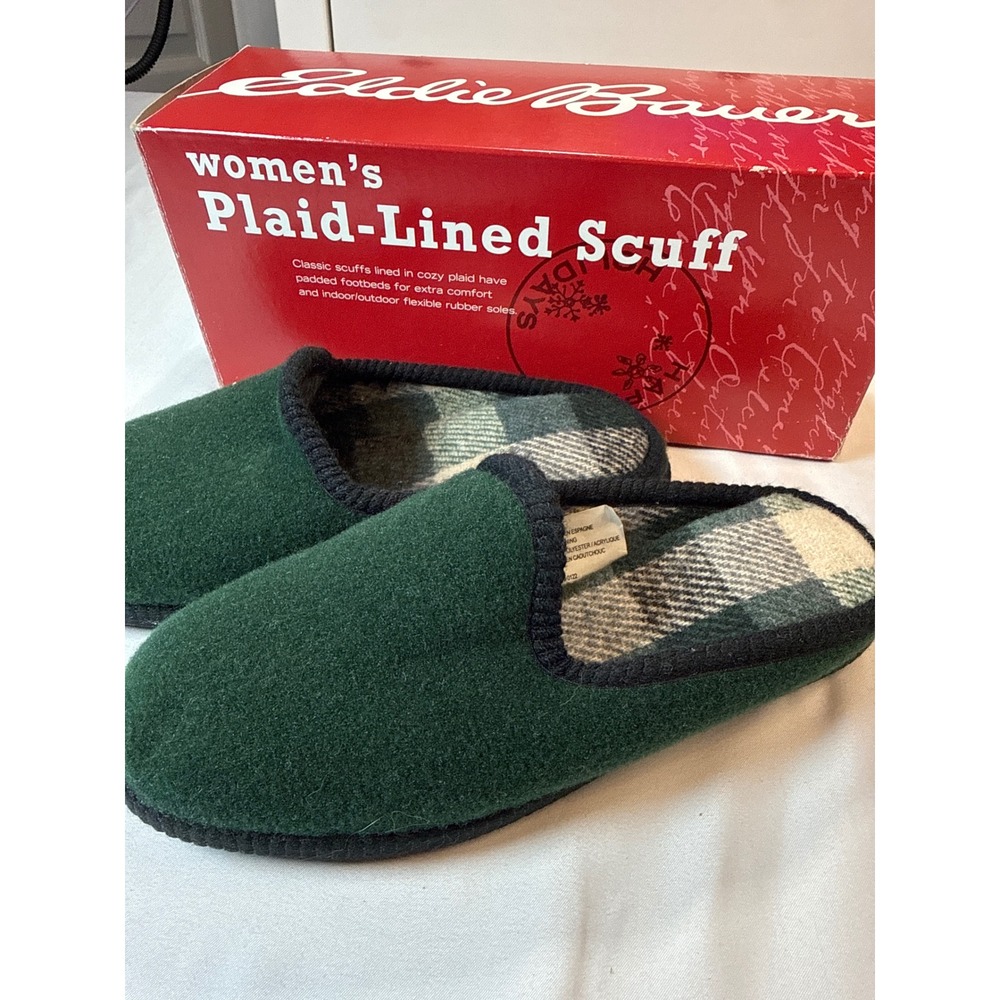 Eddie Bauer Womens Plaid-Lined Scuff Slippers Green Indoor Outdoor Size 7 0122